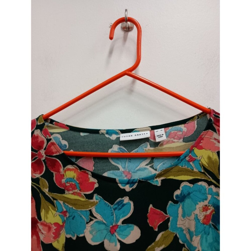 Susan‎ Graver Top Womens Size XL Floral Liquid Knit Ruffle BOHO Garden Fairy - Picture 2 of 11